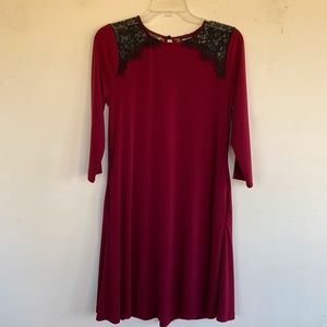 Nina Leonard Women Swing Dress 3/4 Sleeves Side Pockets Burgundy Red/Black Lace
